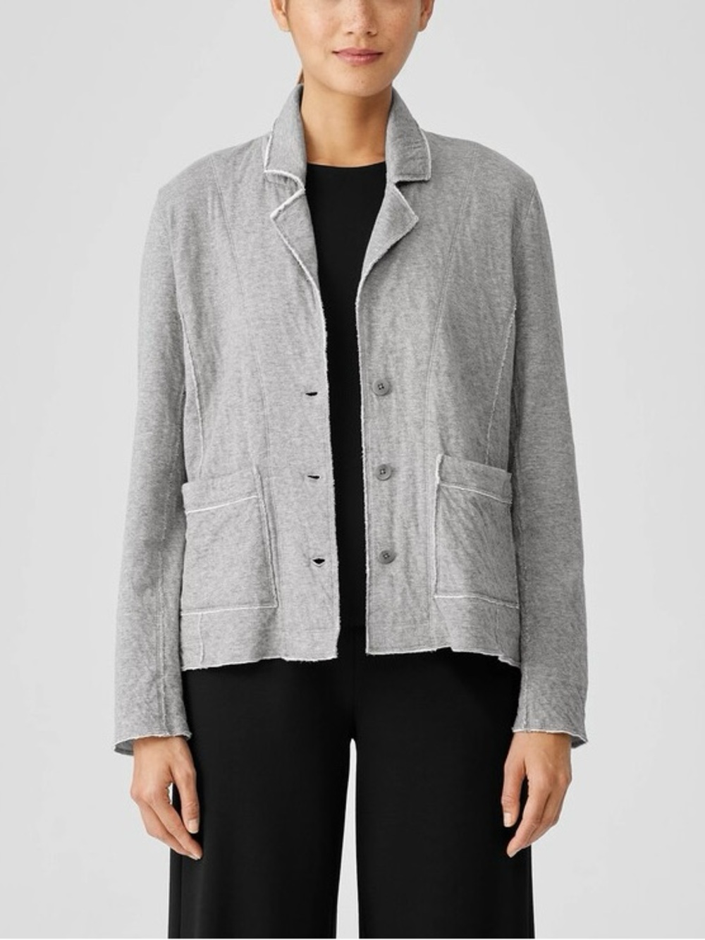 Eileen Fisher Organic Cotton Ripple Knit Jacket Gray Boxy Blazer Cardigan